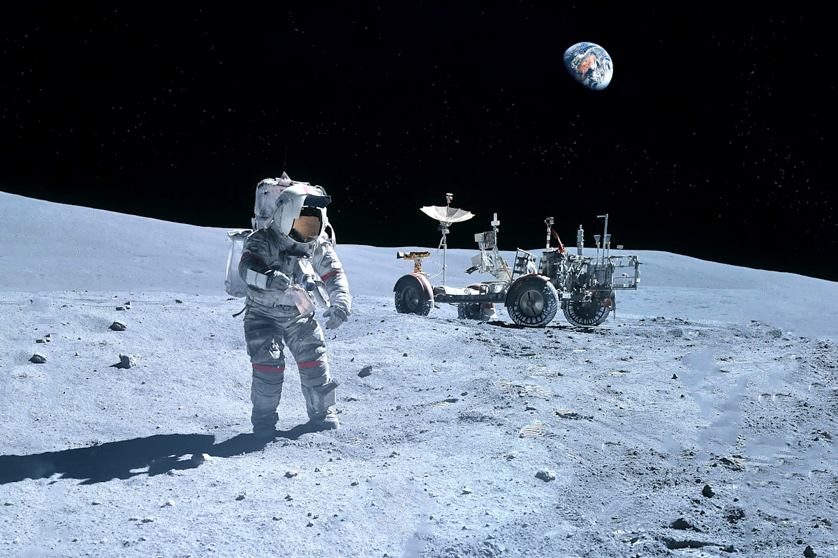 Astronaut on the Moon, where the same mass weighs about one-sixth of its Earth weight