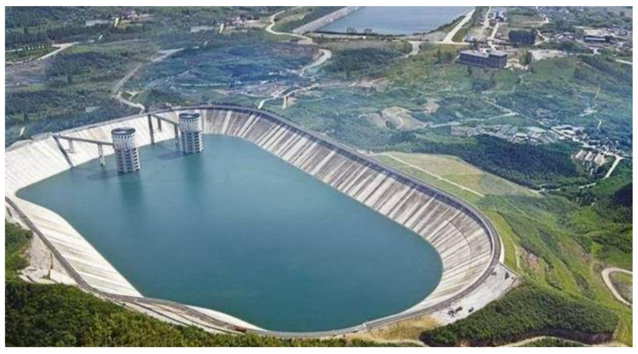 Hydroelectric dam storing gravitational potential energy in water held at height