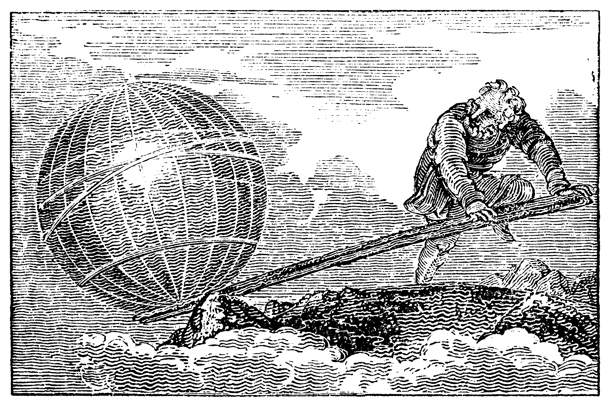 Engraving of Archimedes moving the Earth with a lever, an early illustration of the moment of a force