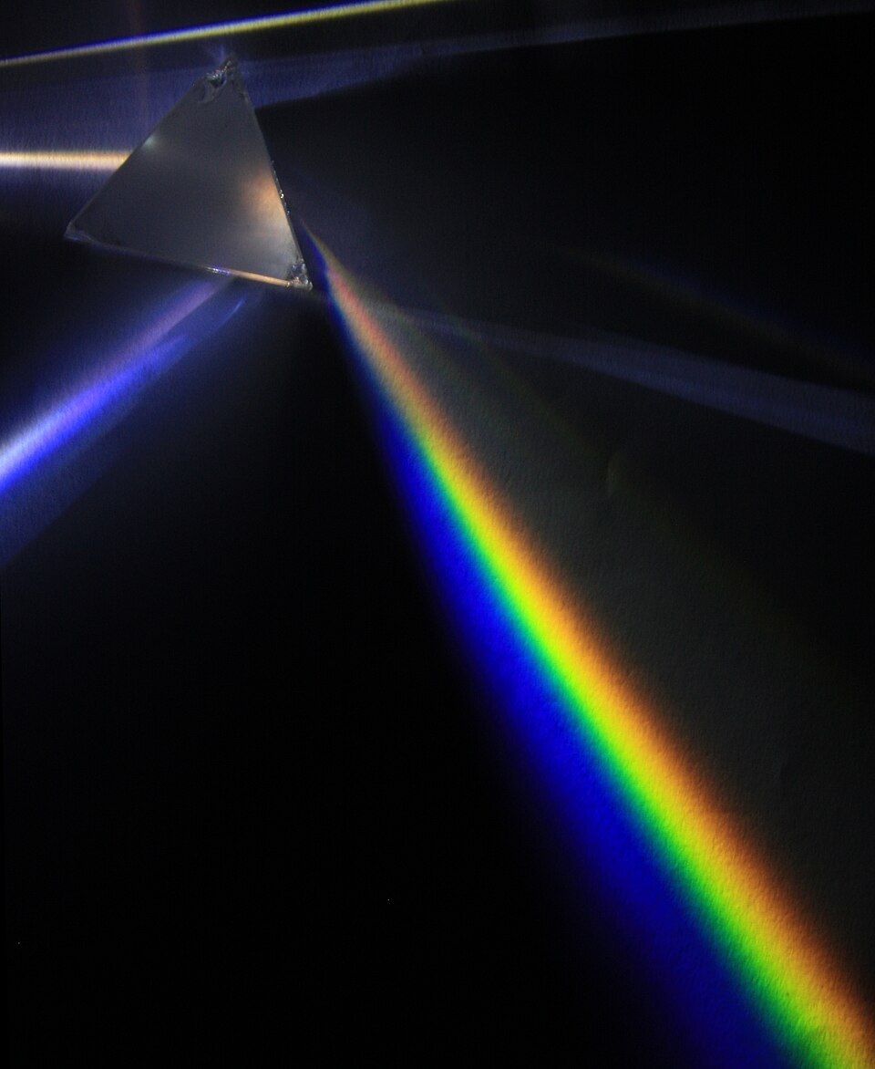 Dispersion of light: white light splitting into a rainbow spectrum through a glass prism