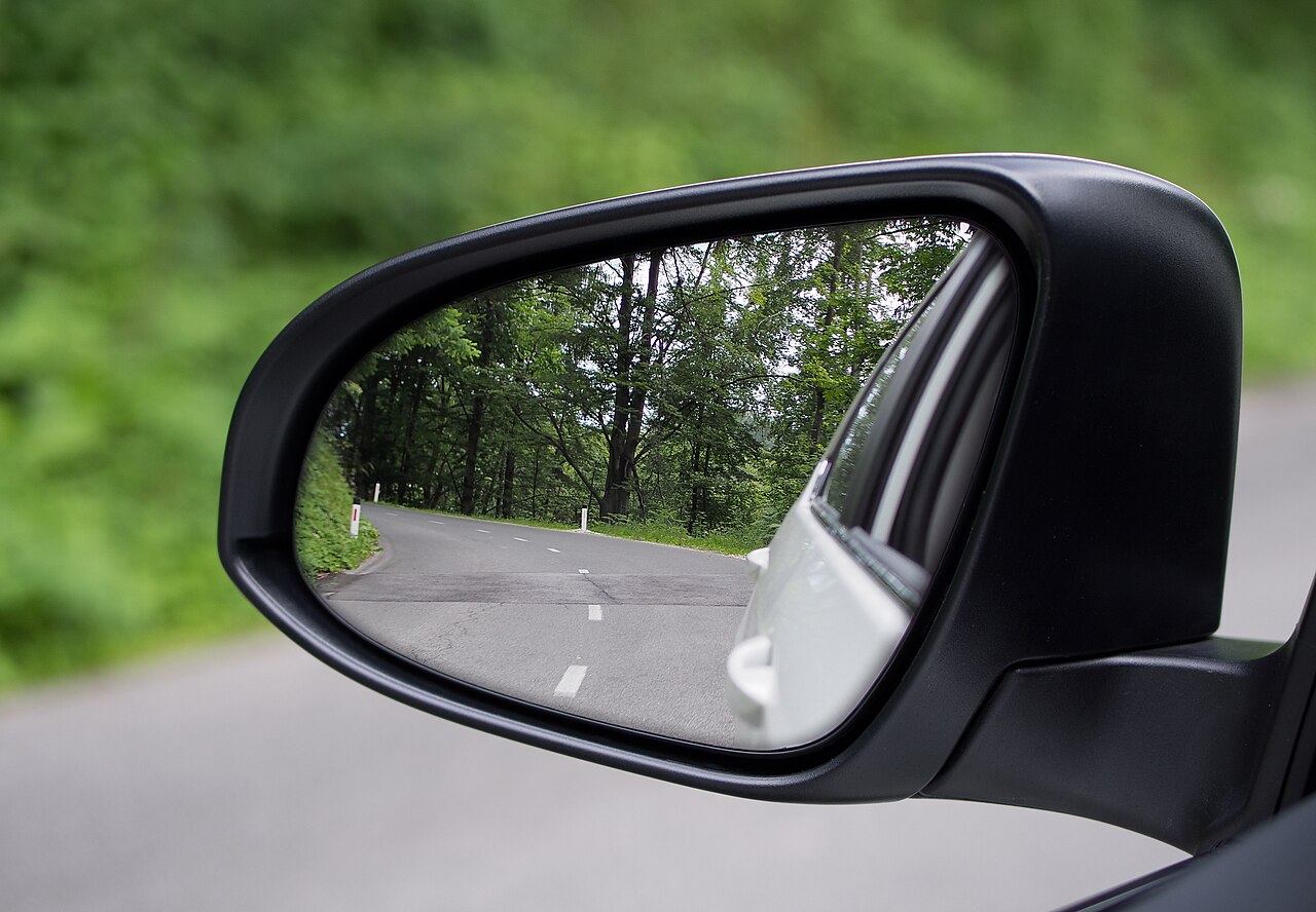 Convex car wing mirror reflecting a wide view of a tree-lined road, showing the broad field of view a convex mirror provides