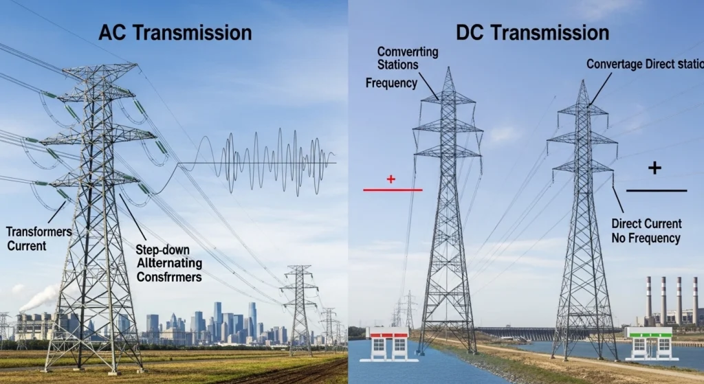High-voltage pylons carrying AC current, the transmission side of AC vs DC current