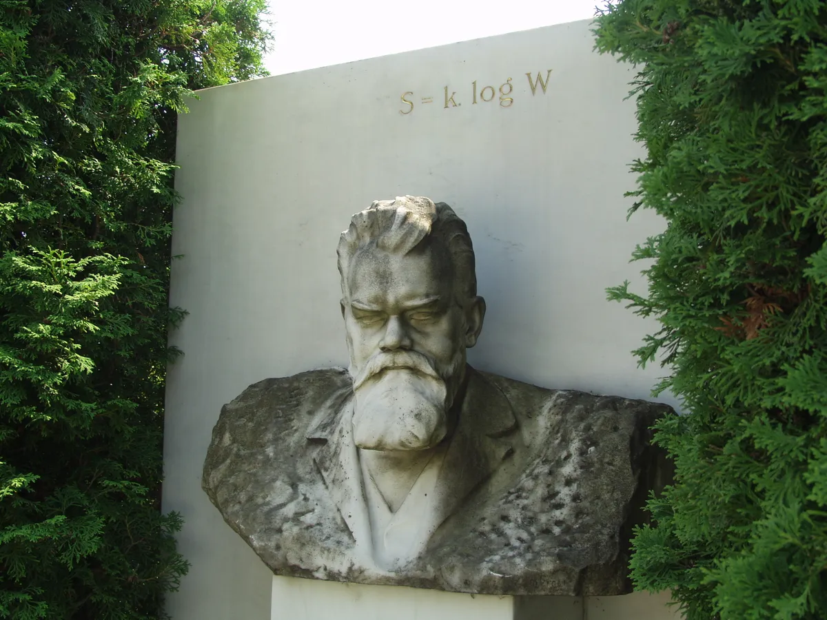 Boltzmann's gravestone in Vienna showing the entropy formula S = k log W