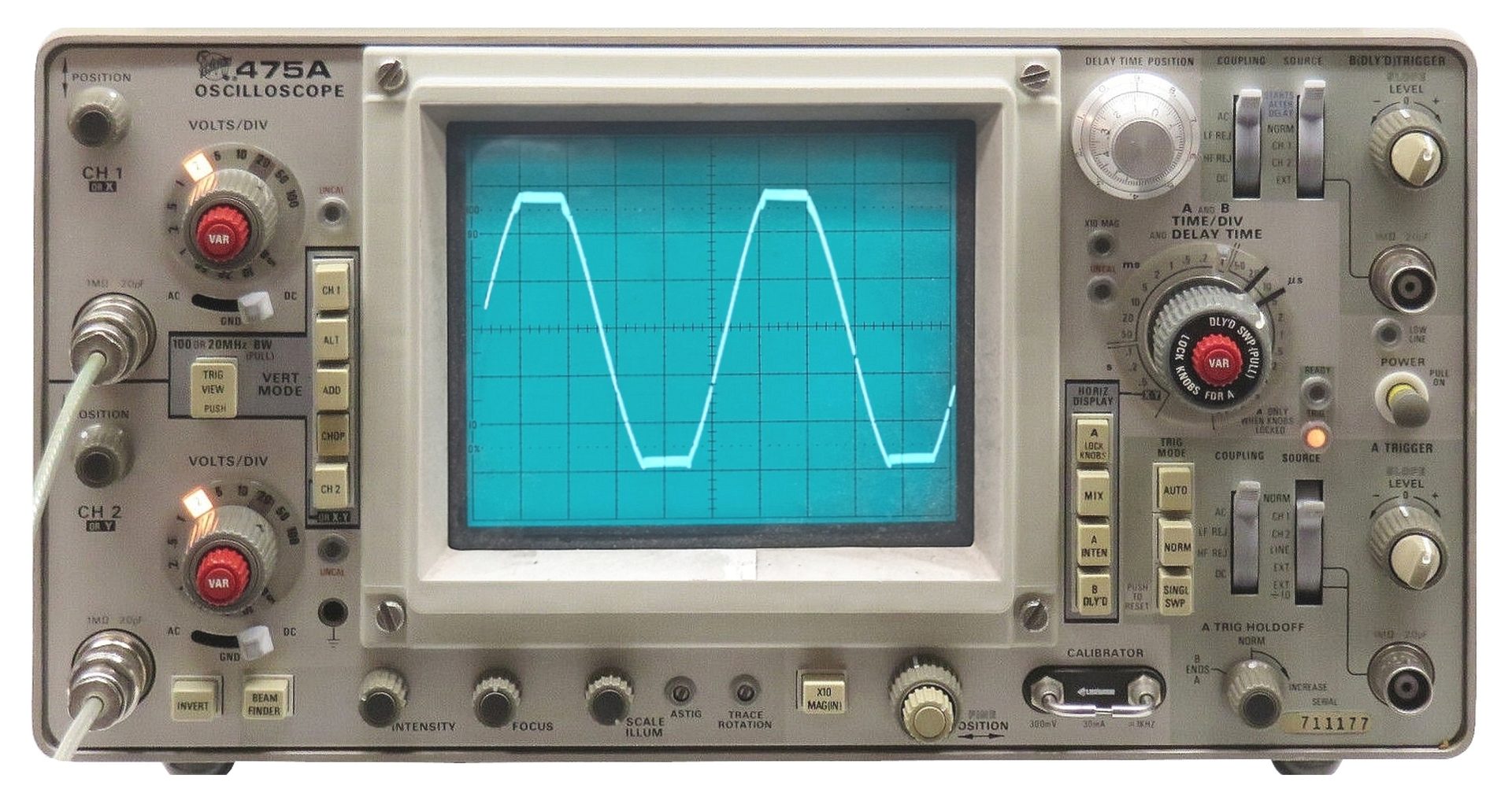 Oscilloscope trace of a sine wave showing the amplitude and peak-to-peak displacement