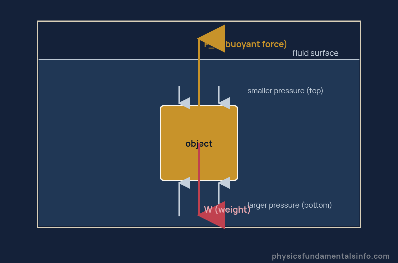 Archimedes principle - A block submerged in fluid. Short downward pressure arrows act on its top face and longer upward pressure arrows act on its deeper, higher-pressure bottom face. A red weight arrow points down through the centre and a longer...
