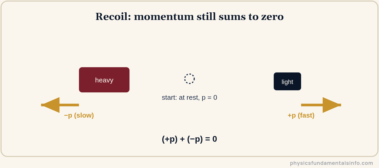 Conservation of momentum - Recoil diagram: a light object moves fast one way while a heavy object moves slowly the other way, so the total momentum stays zero