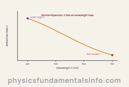 Dispersion of light - Graph of refractive index versus wavelength showing the index falling as wavelength increases from violet to red