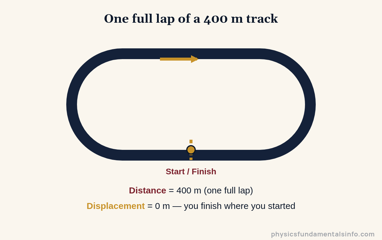 Distance vs displacement - Diagram of a 400-metre oval running track showing that one complete lap gives a distance of 400 metres but a displacement of zero, because the runner finishes exactly where they started