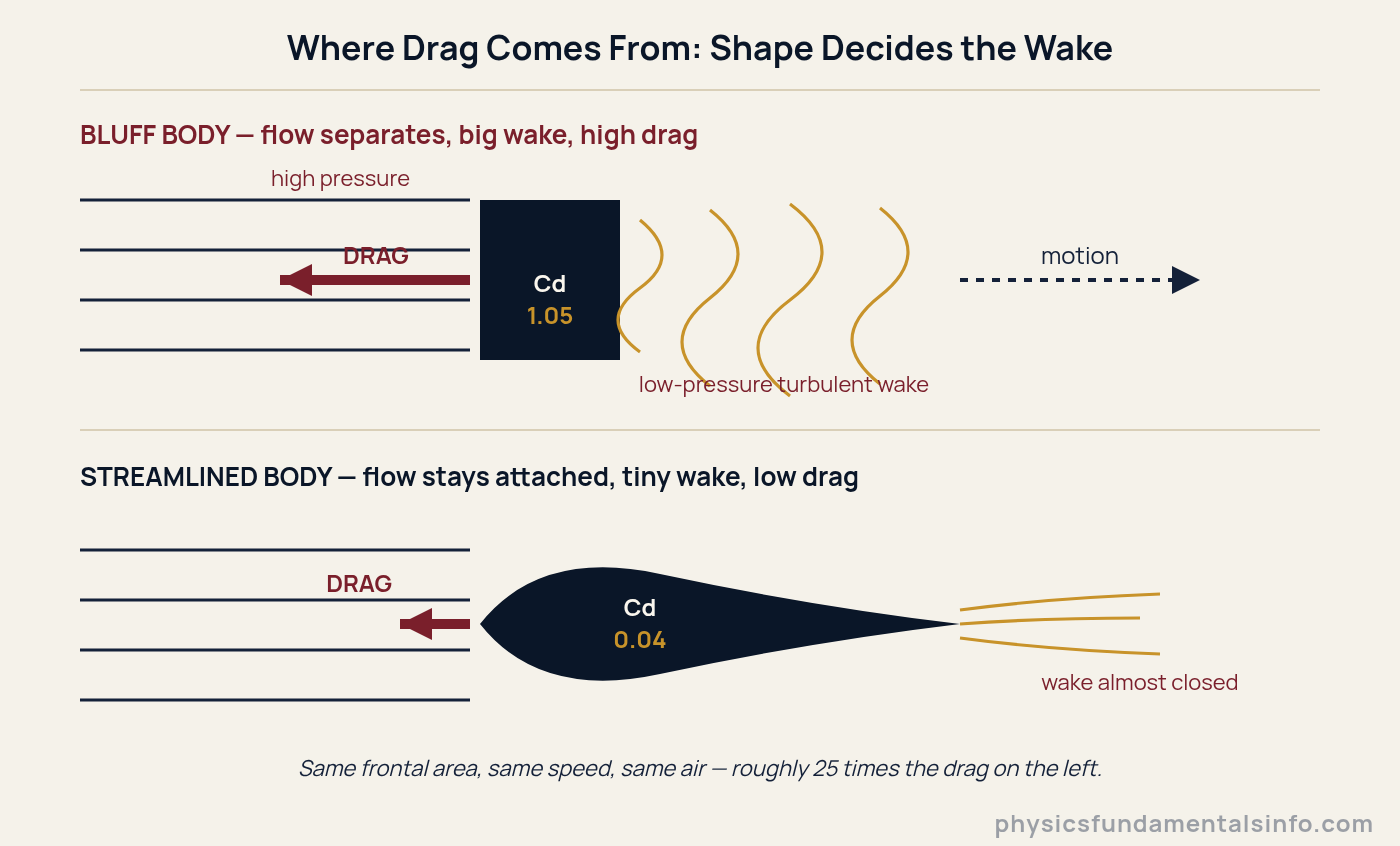 Drag force - Diagram comparing a bluff body with a large turbulent wake and high drag against a streamlined body with a small wake and low drag