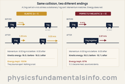 Elastic and inelastic collision compared: a 2 kg cart at 4 m/s striking a stationary 1 kg cart. In the elastic case the carts bounce apart and kinetic energy stays at 16 joules. In the perfectly inelastic case they stick together and kinetic...