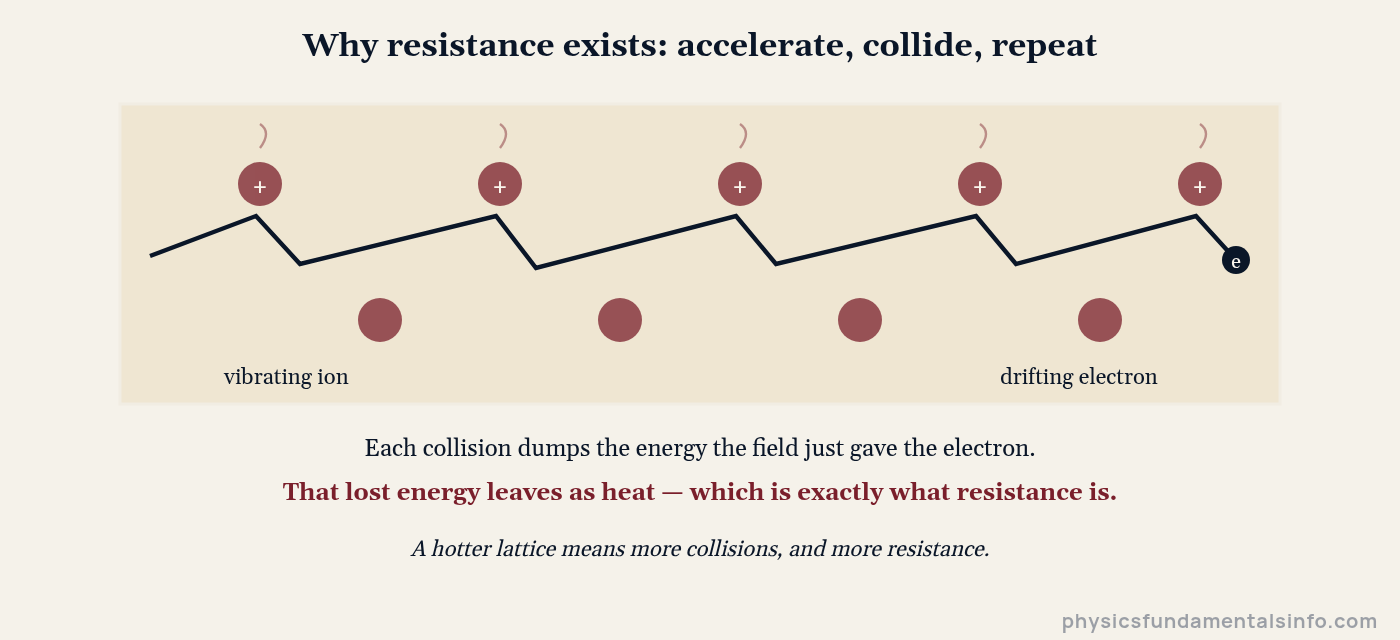 Diagram showing why electrical resistance exists: an electron accelerating between collisions with vibrating metal ions, converting electrical energy into heat