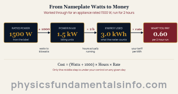 Diagram showing how electricity cost is calculated: 1500 watts divided by 1000 gives 1.5 kilowatts, multiplied by 2 hours gives 3.0 kilowatt-hours, multiplied by a rate of 0.20 per kilowatt-hour gives a cost of 0.60