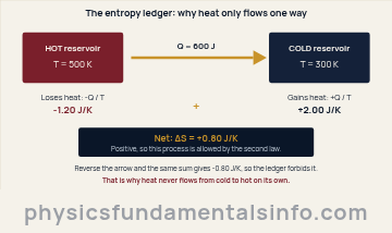 Entropy ledger diagram showing 600 joules of heat flowing from a 500 kelvin hot reservoir to a 300 kelvin cold reservoir, giving a net entropy change of plus 0.80 joules per kelvin