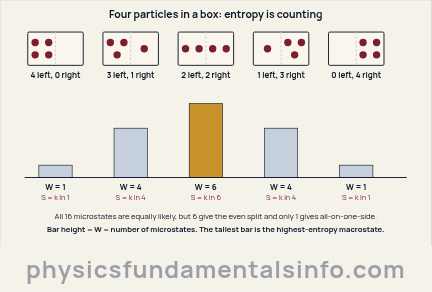 Entropy microstate diagram: four particles in a divided box, showing that the even two-two split has six microstates and therefore the highest entropy