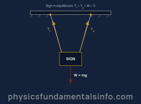 Equilibrium physics - Free-body diagram of a hanging sign in equilibrium. Two cable tensions point up and outward from the top corners of the sign, and the weight points straight down from the centre. The three forces sum to zero