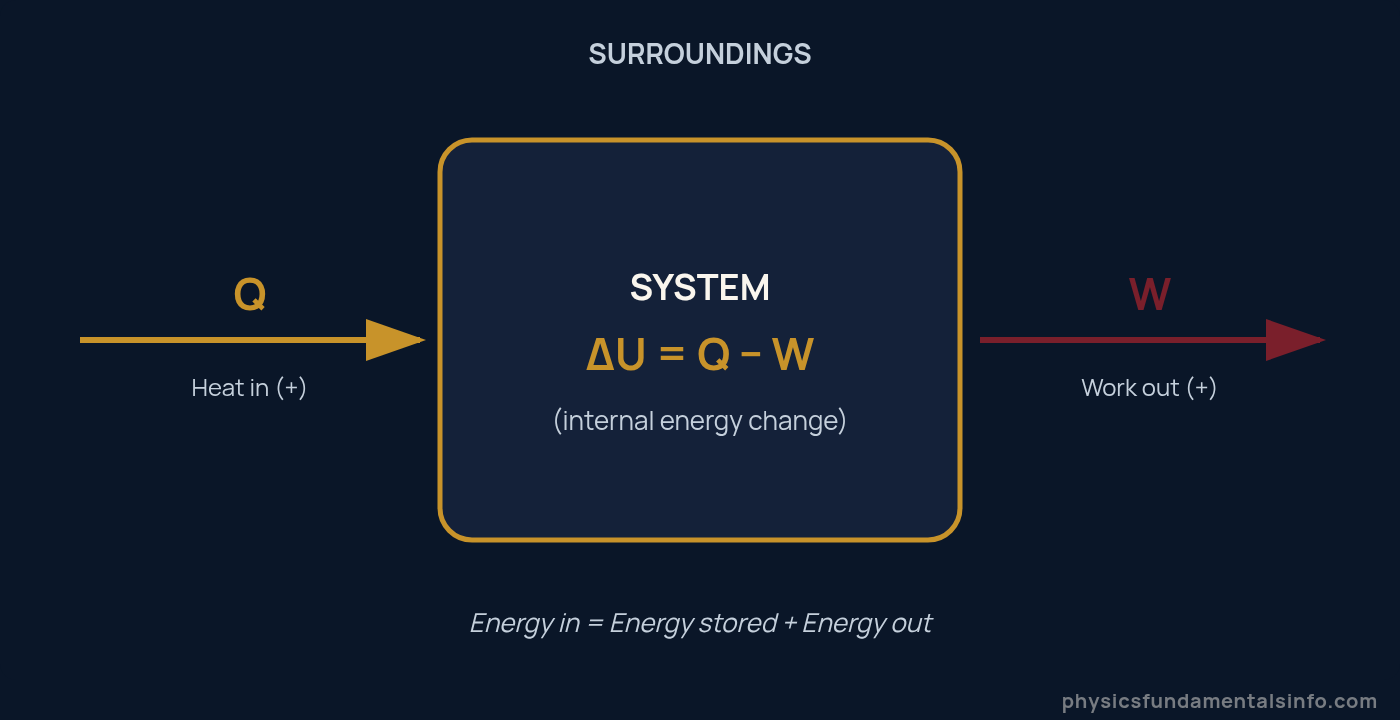 Diagram showing the first law of thermodynamics: heat Q enters a system, work W leaves, and internal energy ΔU changes inside