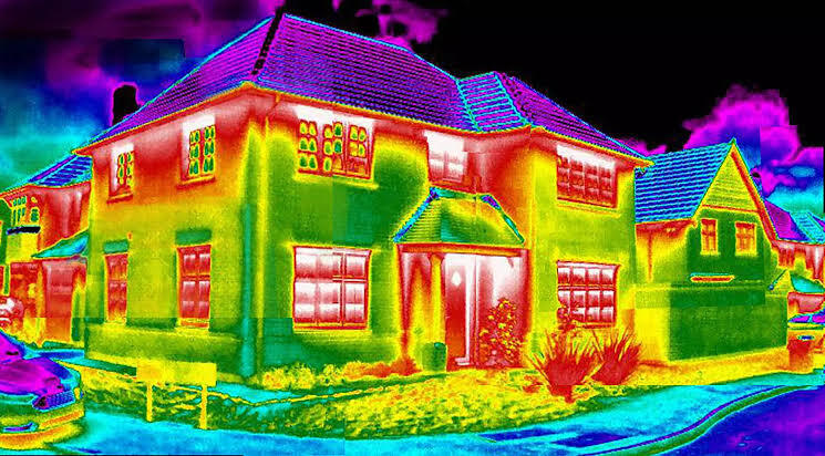 Thermal image of a house showing heat loss by conduction through walls and windows, the effect described by Fourier's law