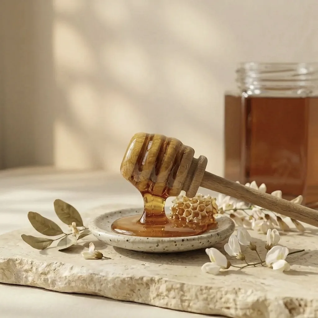 High viscosity honey pouring slowly in an unbroken strand