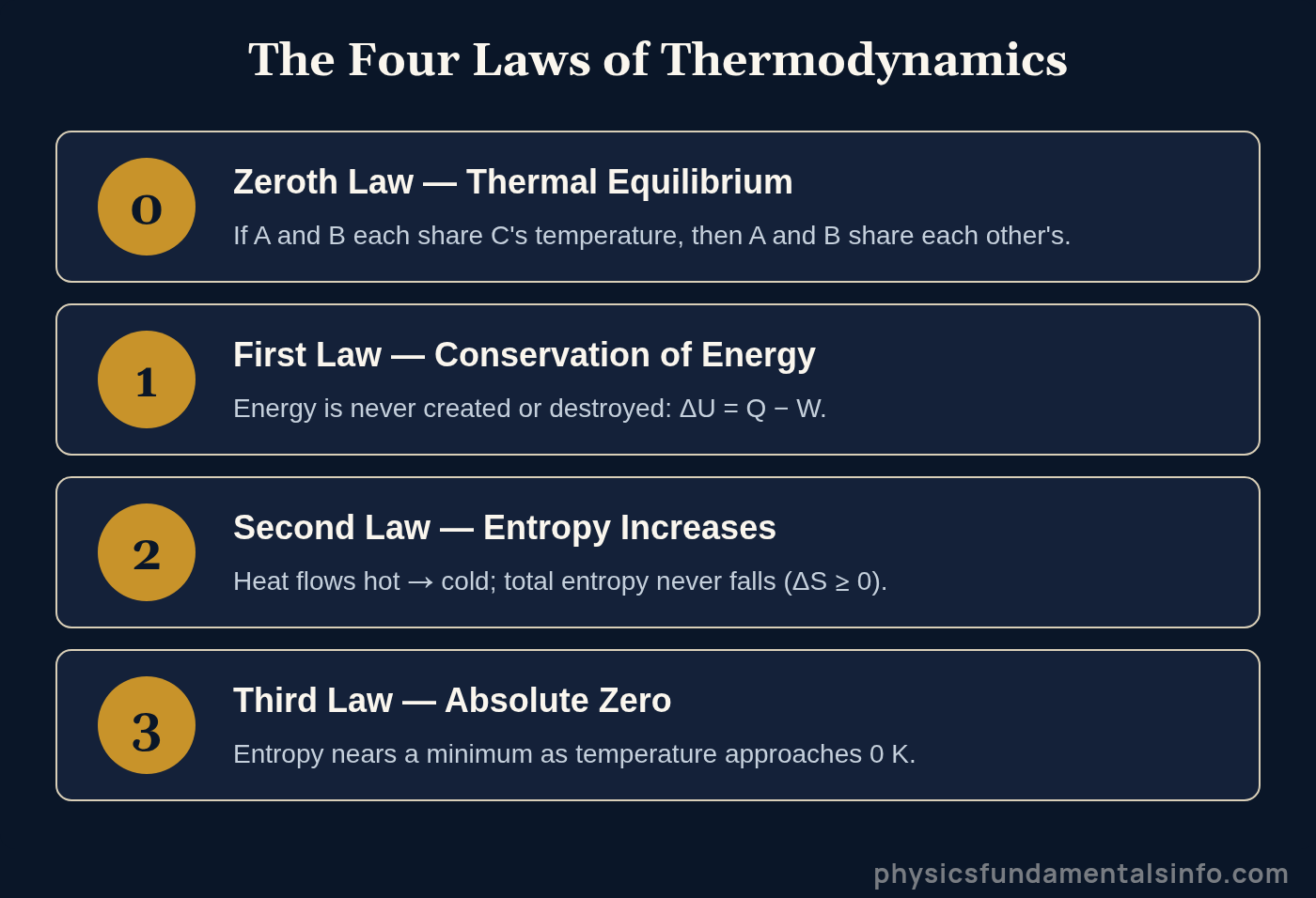 Summary of the four laws of thermodynamics: zeroth, first, second and third