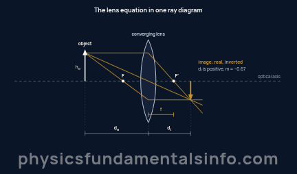Lens equation ray diagram showing object distance, image distance and focal length for a converging lens forming a real inverted image
