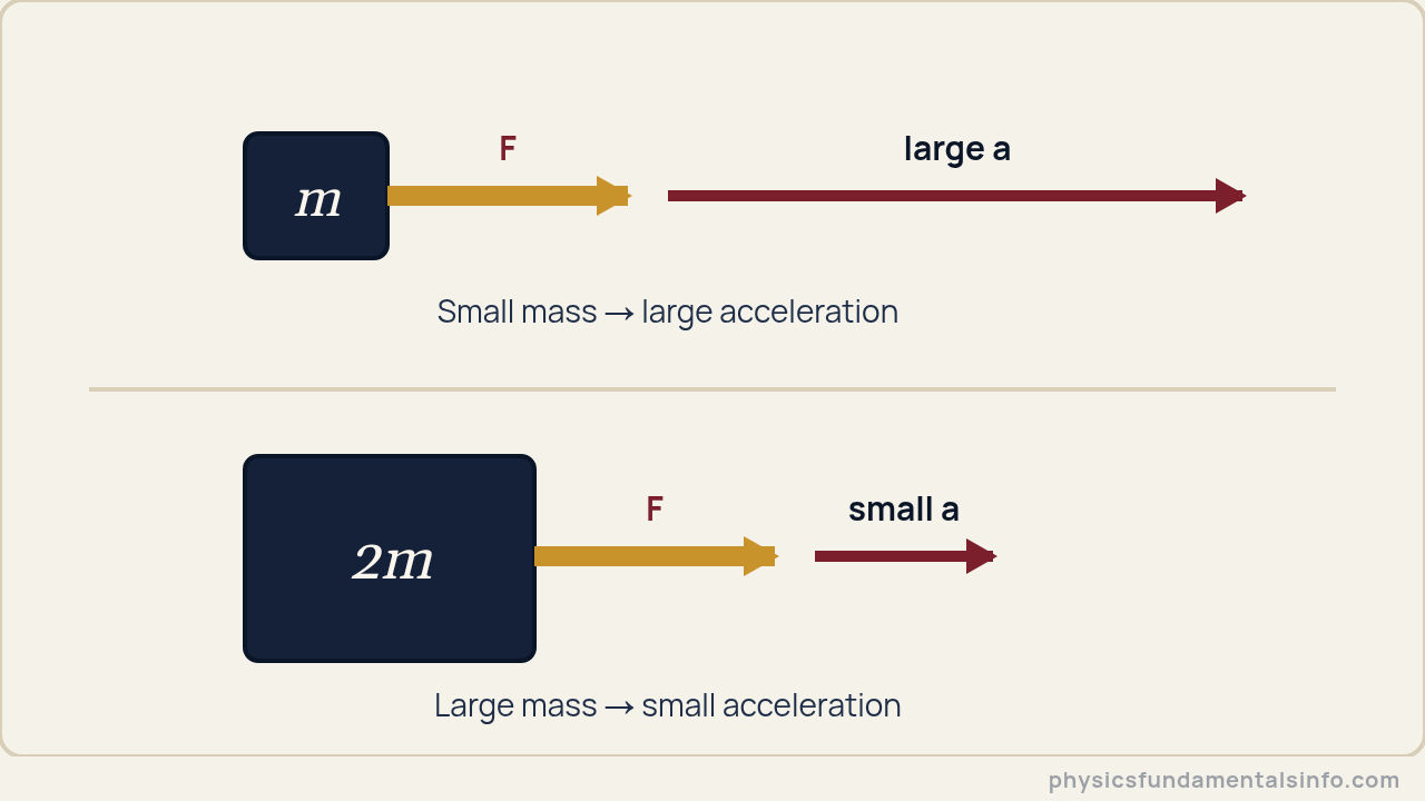 Newton's Second Law - Comparison diagram: the same net force F applied to a small mass produces a large acceleration, while the same force on a larger mass produces a small acceleration