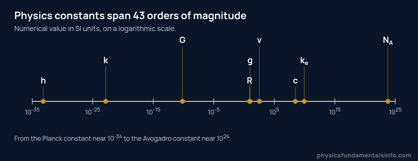 Logarithmic scale showing the physics constants spanning about 43 orders of magnitude