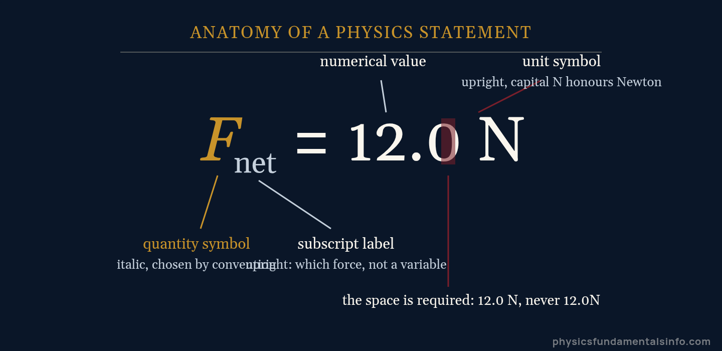 Physics symbols - Diagram showing the anatomy of a physics statement: quantity symbol, subscript label, numerical value and unit symbol