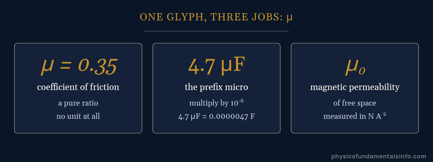 Physics symbols - Diagram showing the three different meanings of the mu symbol in physics: coefficient of friction, the micro prefix, and magnetic permeability