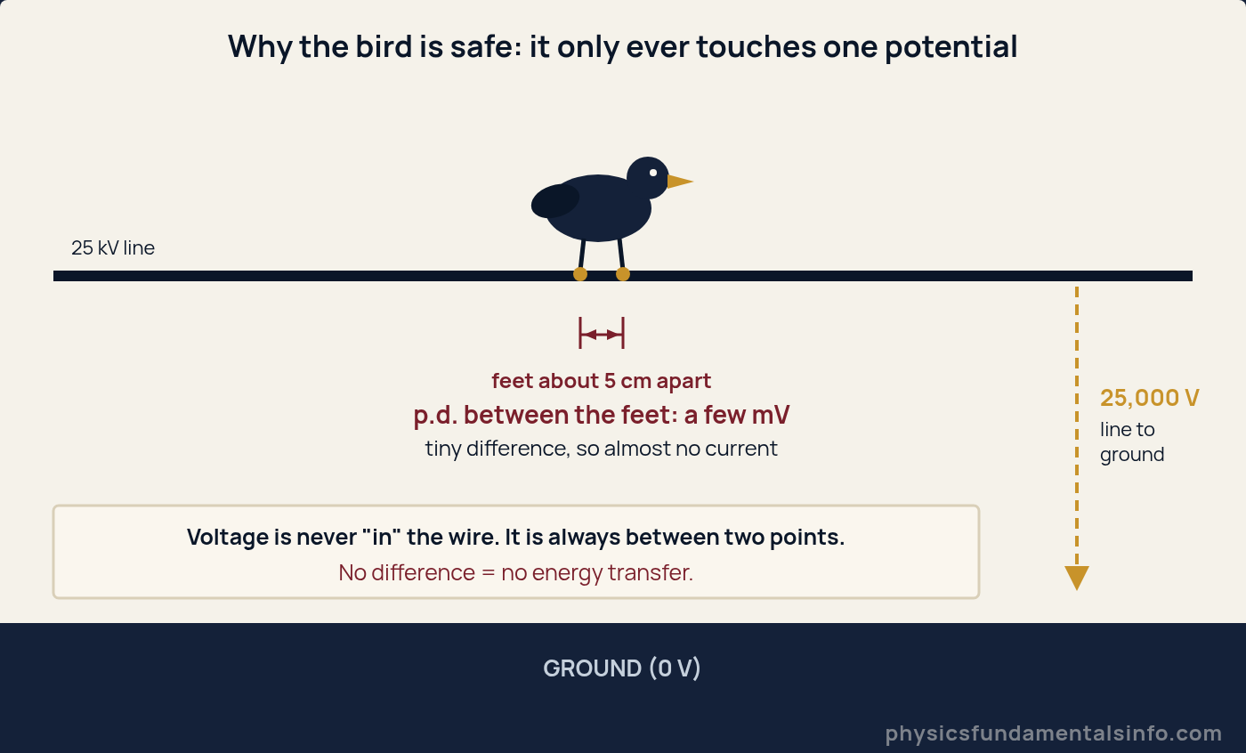 Diagram explaining why a bird on a power line is safe: the potential difference between its feet is only a few millivolts, while the potential difference between the line and the ground is 25000 volts, but the bird never touches the ground