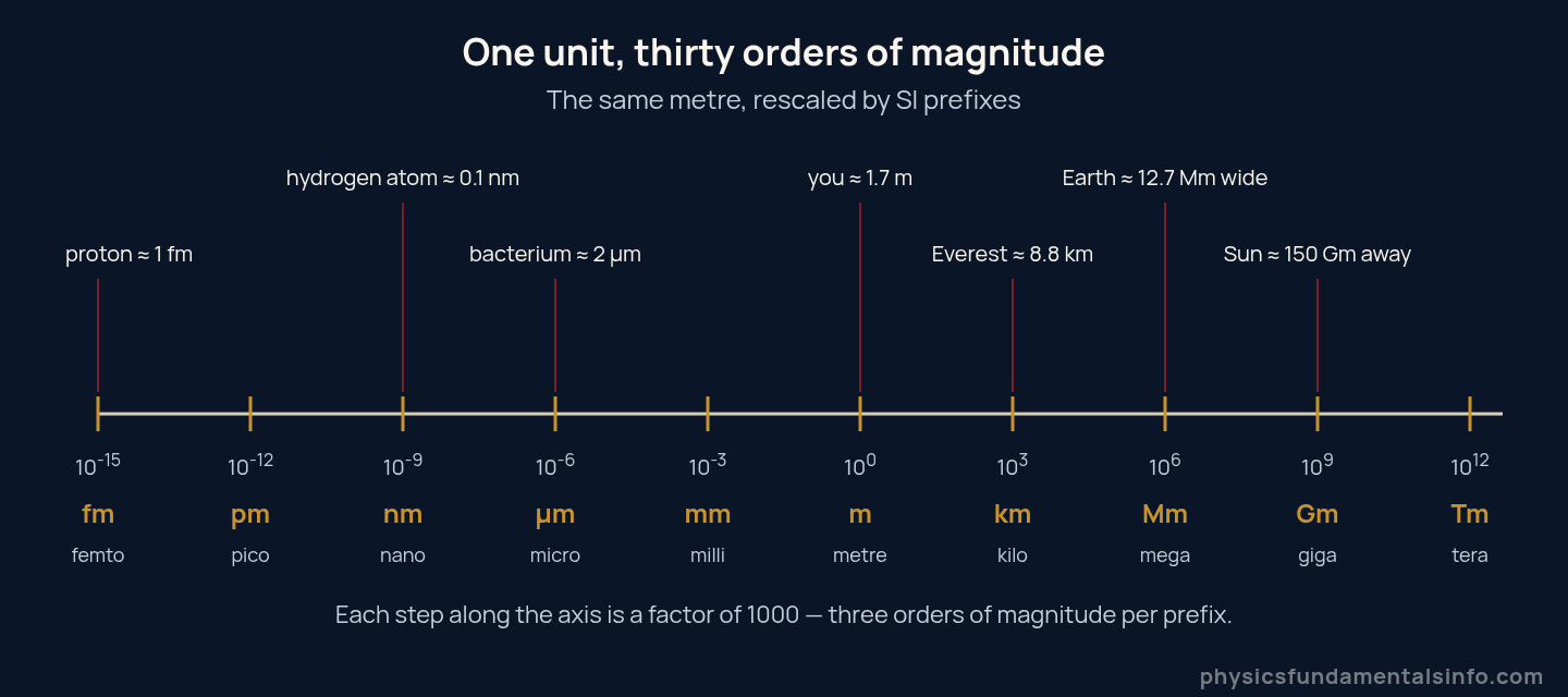 Si units physics - Logarithmic scale showing SI prefixes for length from femtometre to terametre with real-world examples