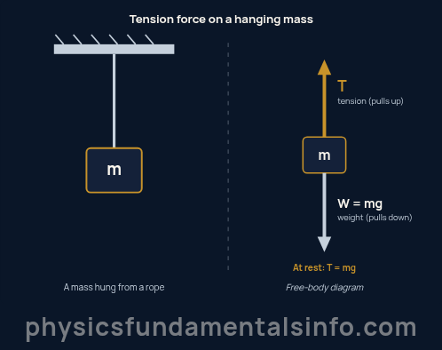 Tension force - Free-body diagram of a mass hanging from a rope, showing tension acting upward and weight acting downward