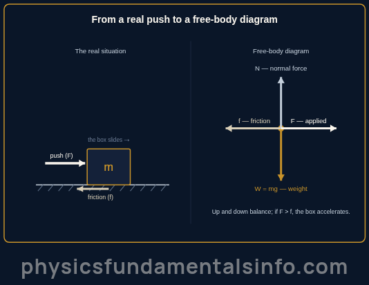Types of forces - A box being pushed along the ground on the left, redrawn as a free-body diagram on the right showing the normal force pointing up, weight pointing down, the applied force pointing right and friction pointing left