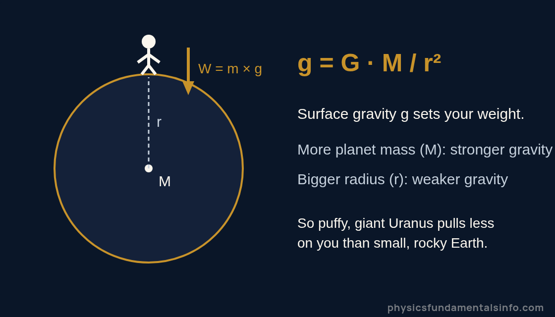 Weight on other planets - Diagram of the equation g equals big G times planet mass divided by radius squared, showing that more mass strengthens gravity while a larger radius weakens it
