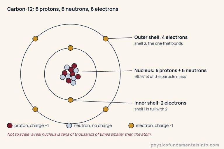 Shell diagram of a carbon-12 atom, not to scale. At the centre is a nucleus of 6 protons and 6 neutrons packed together. Around it are two circular electron shells: the inner shell holds 2 electrons and the outer shell holds 4. Carbon therefore has 6 protons, 6 neutrons and 6 electrons, a mass number of 12 and an electron arrangement of 2, 4.