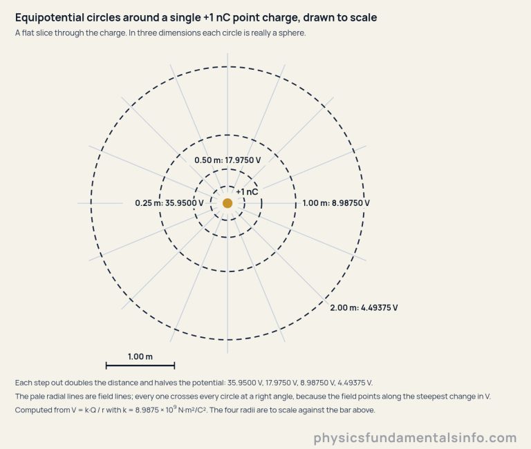 Four dashed concentric circles drawn to scale around a single gold dot at the centre labelled plus 1 nC. The circles are the equipotential lines at 0.25, 0.50, 1.00 and 2.00 metres from the charge, and each carries a label giving its radius and its potential: 0.25 m is 35.9500 volts, 0.50 m is 17.9750 volts, 1.00 m is 8.98750 volts and 2.00 m is 4.49375 volts. Sixteen pale straight radial lines run outwards from near the charge and cross every circle at a right angle. A scale bar beneath the drawing spans 1.00 metre. Notes state that each step out doubles the distance and halves the potential, that the pale radial lines are field lines crossing the circles at right angles because the field points along the steepest change in potential, and that the drawing is a flat slice in which each circle is really a sphere.
