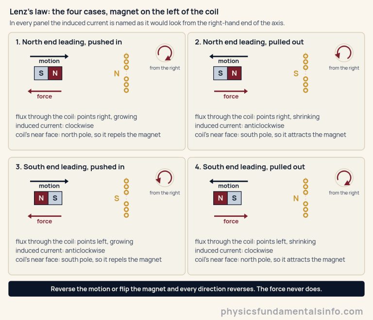 Four panels showing Lenz's law for a bar magnet on the axis of a coil, with the magnet on the left of the coil in every panel. Panel 1, north end leading and pushed in: the flux through the coil points right and is growing, the induced current runs clockwise seen from the right, the coil's near face is a north pole and the force repels the magnet. Panel 2, north end leading and pulled out: the flux points right and is shrinking, the current runs anticlockwise, the near face is a south pole and the force attracts the magnet. Panel 3, south end leading and pushed in: the flux points left and is growing, the current runs anticlockwise, the near face is a south pole and the force repels. Panel 4, south end leading and pulled out: the flux points left and is shrinking, the current runs clockwise, the near face is a north pole and the force attracts. Each panel draws the magnet with its north half dark red and its south half pale, a motion arrow above it, a force arrow below it pointing the opposite way, and a small end-on inset showing the current's sense as seen from the right. A dark band across the foot reads: reverse the motion or flip the magnet and every direction reverses, the force never does, it always opposes the motion.