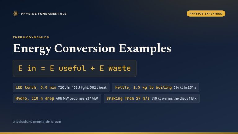 Energy conversion examples card on a dark navy background: the Physics Fundamentals wordmark and a gold Physics Explained badge across the top, the eyebrow Thermodynamics, the title Energy Conversion Examples, a formula box reading E in = E useful + E waste, and four labelled chips - an LED torch turns 720 J into 158 J of light and 562 J of heat; a kettle puts 514 kJ into 1.5 kg of water in 234 s; a hydro plant turns 486 MW of falling water into 437 MW of electricity; and braking from 27 m/s warms four brake discs by 113 K