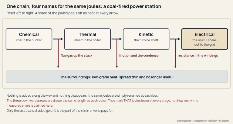 A single row of four boxes on a cream background, read left to right, showing one chain in a coal-fired power station. The first box is headed Chemical and labelled coal in the bunker, the second Thermal and labelled steam in the boiler, the third Kinetic and labelled the turbine shaft, and the fourth Electrical and labelled the useful share, out to the grid. Navy arrows point from each box to the next. From the middle of every one of those three arrows a wine arrow drops straight down to a wide pale band across the bottom of the panel labelled The surroundings, low-grade heat, spread thin and no longer useful. The three downward arrows are drawn the same length as each other and are labelled, left to right, flue gas up the stack, friction and the condenser, and resistance in the windings. Only the fourth box is shaded gold. Footnotes state that nothing is added along the way and nothing disappears, that the same joules are simply renamed at each box, that the three downward arrows are drawn the same length as each other and mark that joules leave at every stage rather than how many, with no measured share claimed, and that the last box is shaded gold because it is the part of the chain anyone pays for.