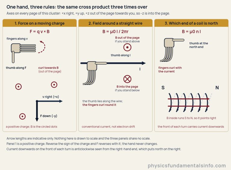 Three panels on a cream background, each using the same schematic right hand a different way. Panel one, headed force on a moving charge, carries the formula F equals q v cross B: the hand has its palm at the left, four finger bars pointing right and a thumb bar pointing down, with a dashed arc curving away from the fingertips towards the reader labelled curl towards B, out of the page. Beneath it a vector triad leaves one dot: a navy arrow pointing right labelled v right plus x, a thick black arrow pointing down labelled F down minus y, and three small circles each with a filled centre dot standing for a field coming out of the page. Panel two, headed field around a straight wire, carries B equals mu nought I over two pi r: the same hand with its fingers pointing down and its thumb pointing right along the current, and below it a horizontal wire with a solid arrowhead at its right end labelled I, a circled dot above the wire labelled B out of the page if you stand above, and a circled cross below the wire labelled B into the page if you stand below. Panel three, headed which end of a coil is north, carries B equals mu nought n I: the same hand with fingers down and thumb right, and below it a solenoid drawn as six turns, each turn a solid front strand carrying a downward arrowhead and a dashed back strand, with S at the left end, N at the right end and two wine arrows through the bore pointing right under the caption B inside runs S to N, so it points right. Three footnotes state that arrow lengths are indicative only and nothing is drawn to scale, that panel one is a positive charge and reversing the charge reverses F while the hand never changes, and that current downwards on the front of each turn is anticlockwise seen from the right-hand end, which puts north on the right.
