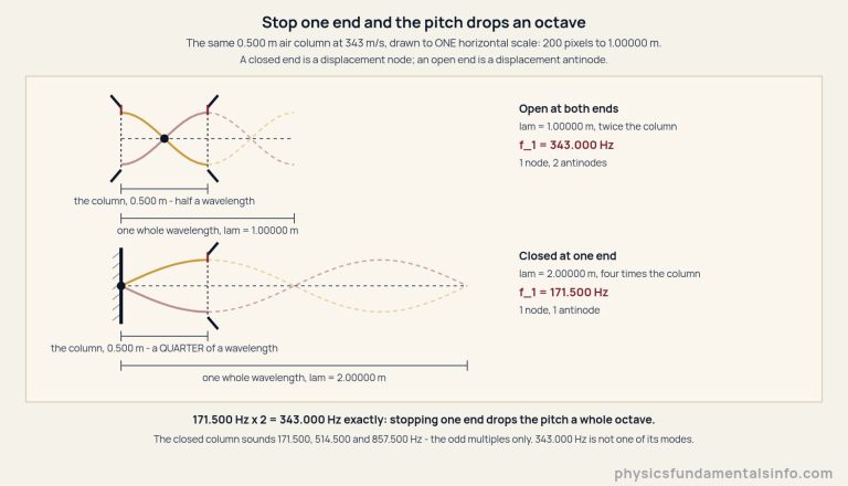 A diagram comparing a 0.500 m air column carrying sound at 343 m/s open at both ends with the same column stopped at one end, both drawn to one shared horizontal scale of 200 pixels to 1.00000 m, where a closed end is a displacement node and an open end a displacement antinode. The top row shows the open column with an open mouth at each end, an antinode tick at each end, one node dot at the centre, and the remaining half of the wave continued beyond the column as a faint dashed curve; brackets beneath read the column, 0.500 m, half a wavelength, and one whole wavelength, lam = 1.00000 m, with labels to the right reading open at both ends, lam = 1.00000 m twice the column, f_1 = 343.000 Hz, and 1 node, 2 antinodes. The bottom row shows the same column with a hatched wall at the left end, a node dot there, an antinode tick at the open right end, and the remaining three quarters of the wave continued as a faint dashed curve; brackets beneath read the column, 0.500 m, a QUARTER of a wavelength, and one whole wavelength, lam = 2.00000 m, with labels to the right reading closed at one end, lam = 2.00000 m four times the column, f_1 = 171.500 Hz, and 1 node, 1 antinode. The footnote reads 171.500 Hz x 2 = 343.000 Hz exactly, stopping one end drops the pitch a whole octave, and the closed column sounds 171.500, 514.500 and 857.500 Hz, the odd multiples only, so 343.000 Hz is not one of its modes.