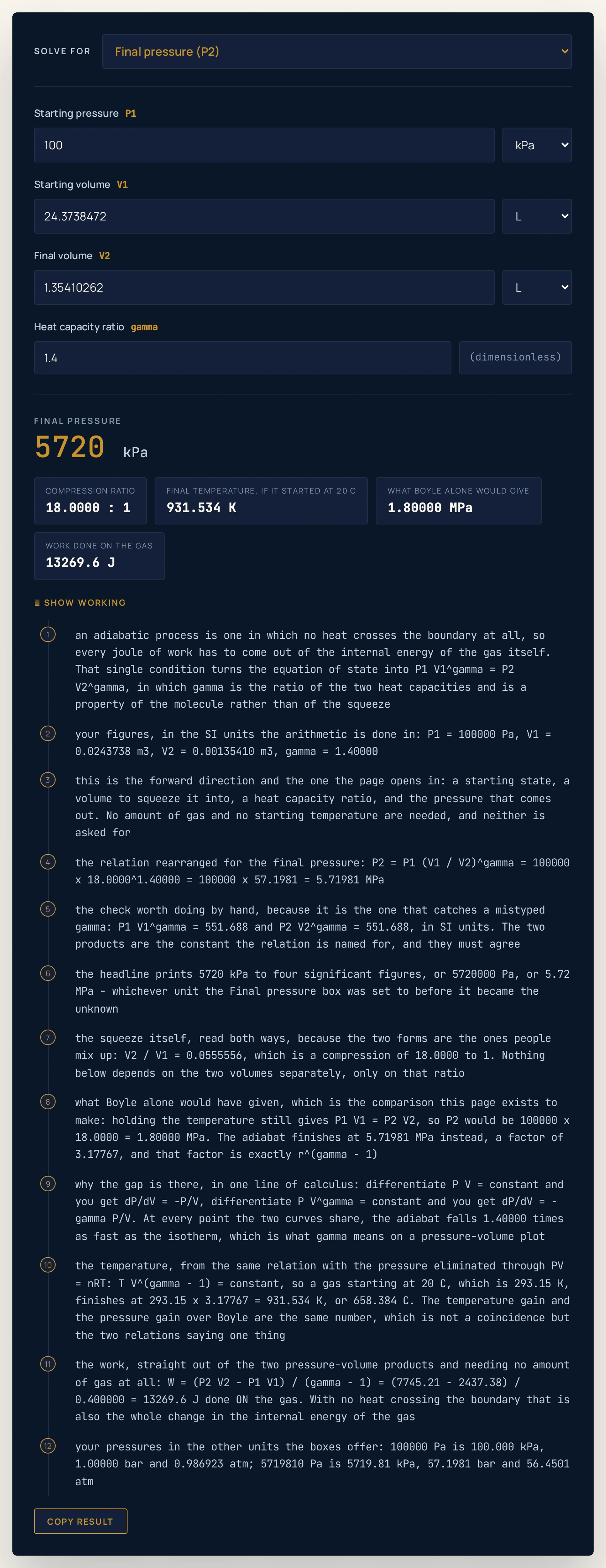 The same calculator on the Diesel compression, 18 to 1 preset: 24.3738472 litres squeezed into 1.35410262 litres at a heat capacity ratio of 1.4 return a headline of 5720 kPa, with chips reading a compression ratio of 18.0000 to 1, a final temperature if it started at 20 C of 931.534 K, a Boyle pressure of 1.80000 MPa and 13269.6 J of work done on the gas.
