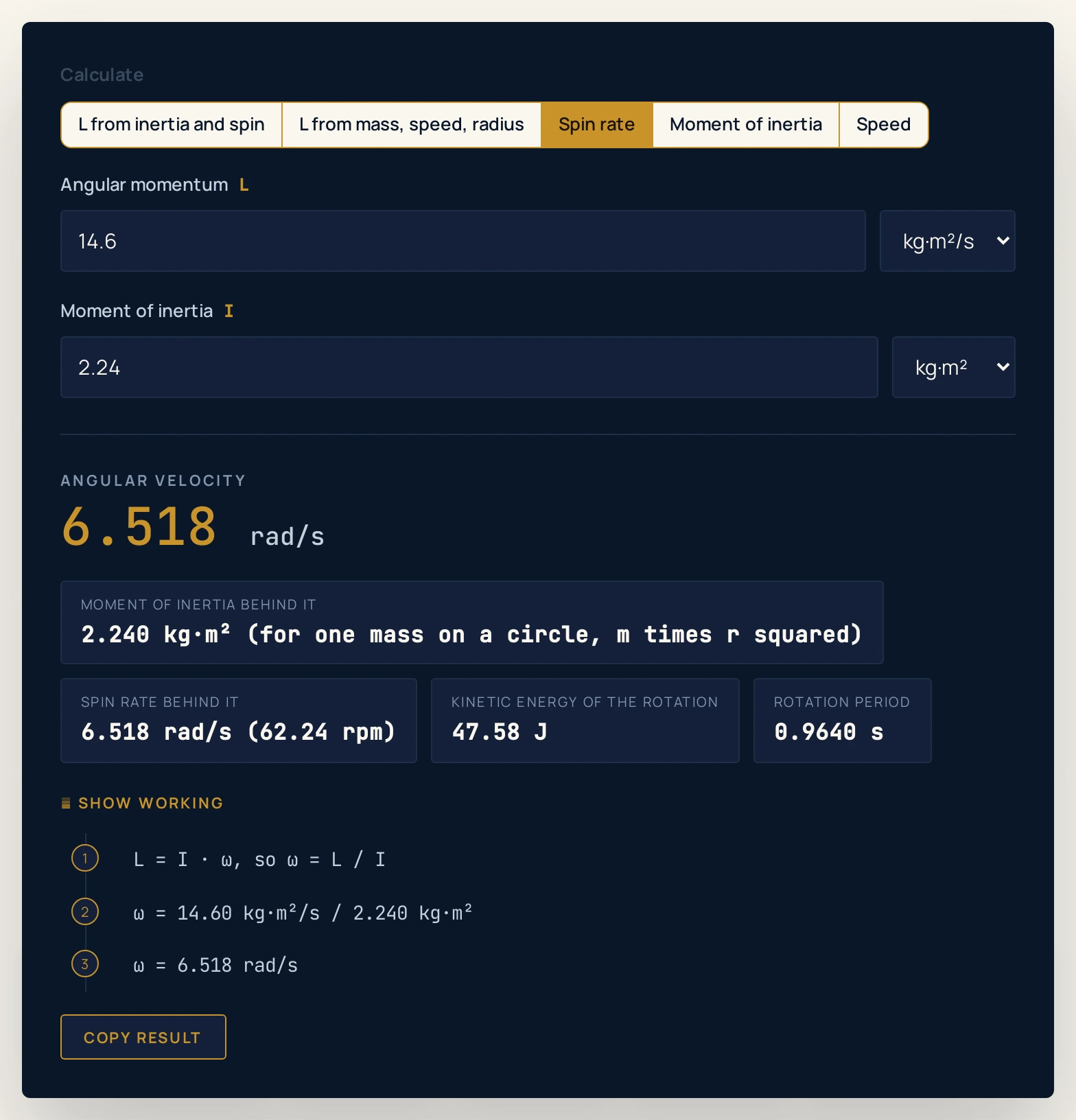 Angular momentum calculator solving for the spin rate instead: an angular momentum of 14.6 kilogram metre squared per second on a moment of inertia of 2.24 kilogram metre squared gives 6.518 radians per second, with extras reading 2.240 for the inertia behind it, 62.24 rpm, 47.58 J of rotational energy and a 0.9640 s rotation period.