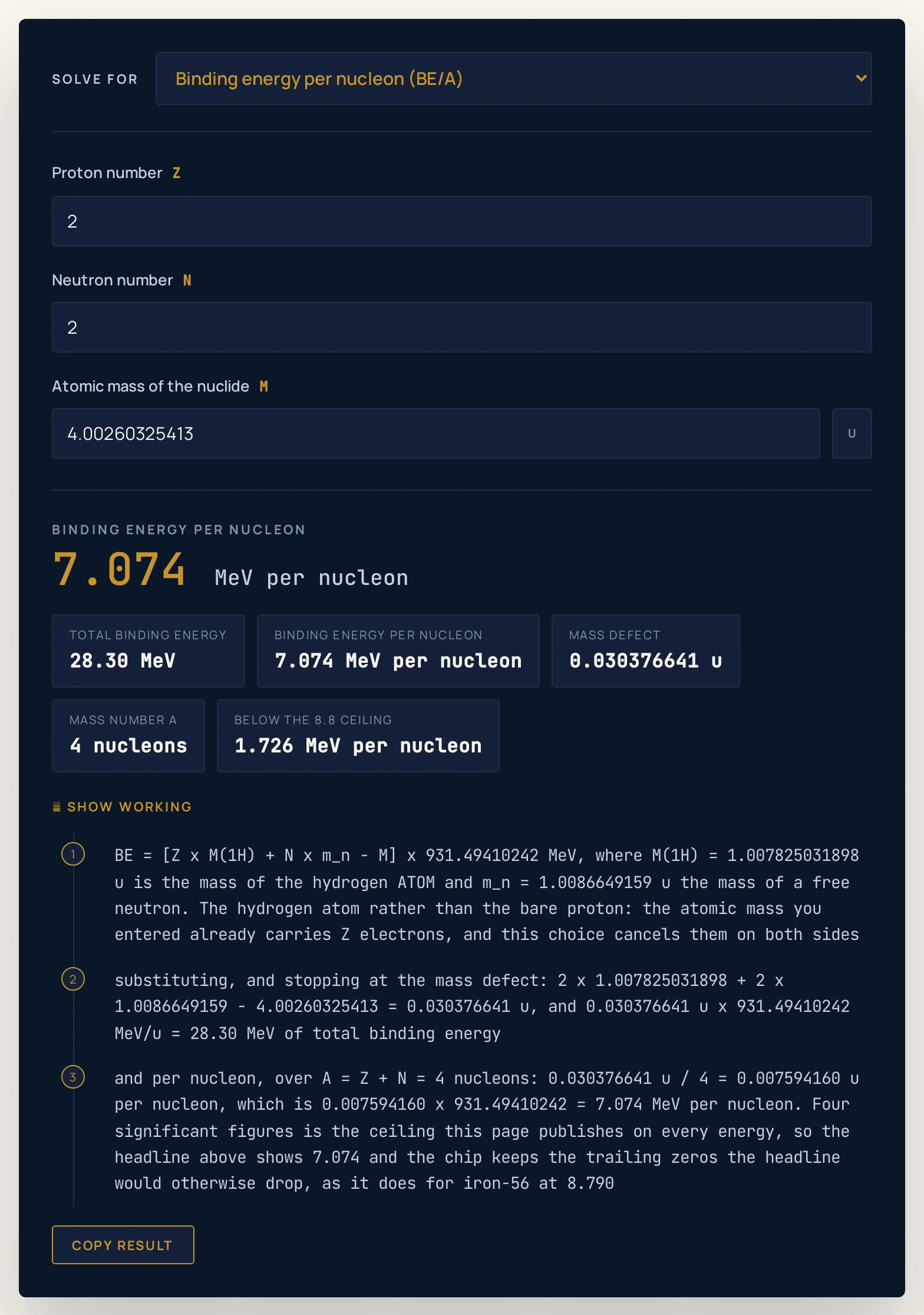 Nuclear binding energy calculator on its defaults, solving for the binding energy per nucleon: a proton number of 2, a neutron number of 2 and an atomic mass of 4.00260325413 u return a headline of 7.074 MeV per nucleon, with chips reading a total binding energy of 28.30 MeV, a binding energy per nucleon of 7.074 MeV per nucleon, a mass defect of 0.030376641 u, a mass number A of 4 nucleons and 1.726 MeV per nucleon below the 8.8 ceiling.