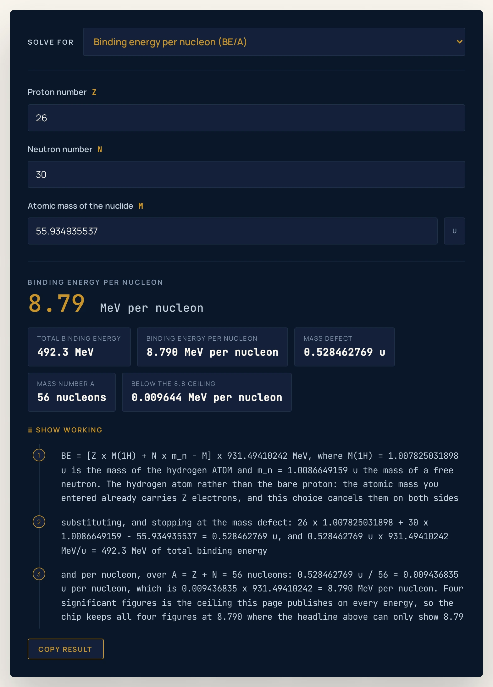 Nuclear binding energy calculator on the iron-56 preset: a proton number of 26, a neutron number of 30 and an atomic mass of 55.934935537 u return a headline of 8.79 MeV per nucleon, with chips reading a total binding energy of 492.3 MeV, a binding energy per nucleon of 8.790 MeV per nucleon, a mass defect of 0.528462769 u, a mass number A of 56 nucleons and 0.009644 MeV per nucleon below the 8.8 ceiling.