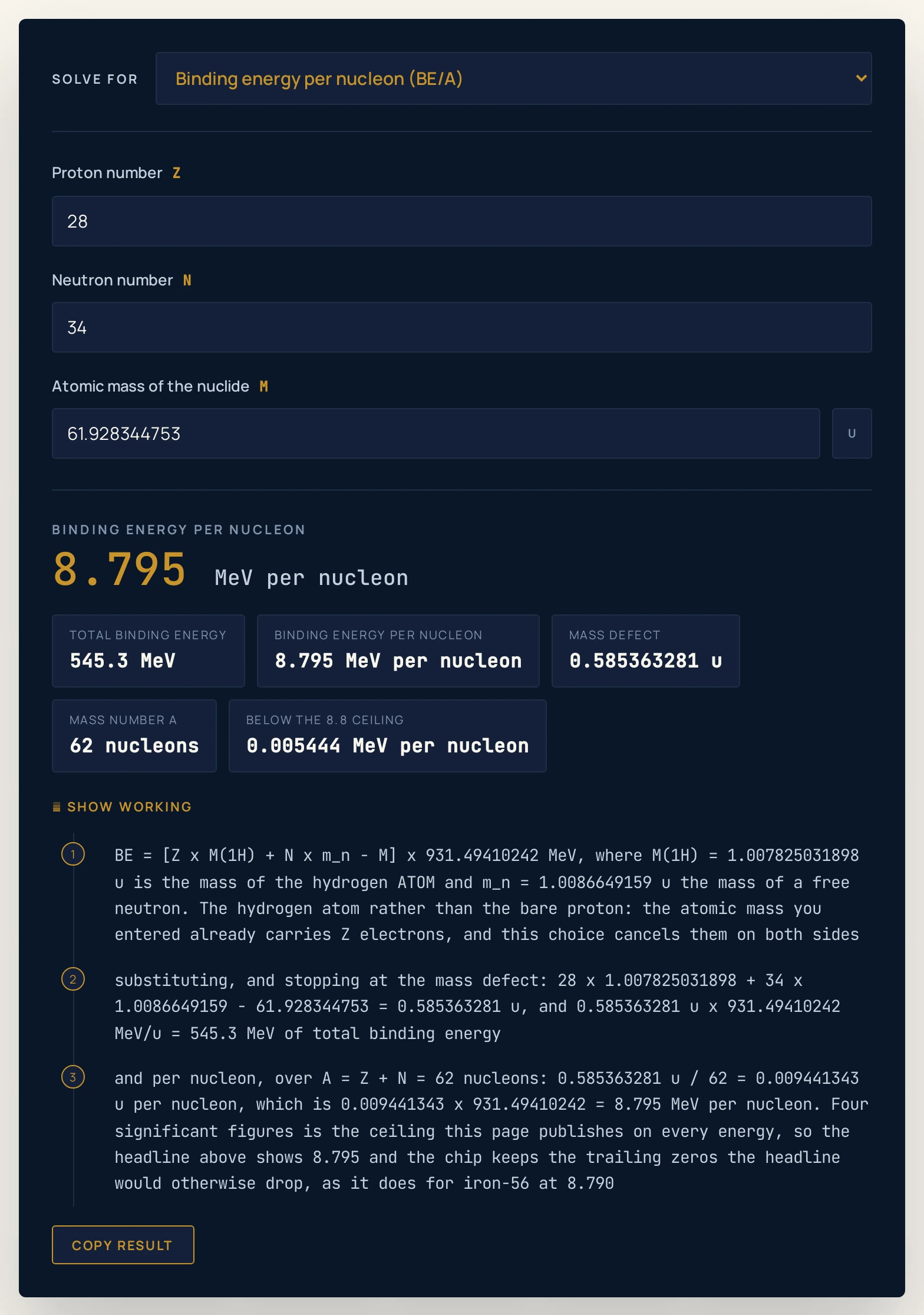 Nuclear binding energy calculator on the nickel-62 preset: a proton number of 28, a neutron number of 34 and an atomic mass of 61.928344753 u return a headline of 8.795 MeV per nucleon, with chips reading a total binding energy of 545.3 MeV, a binding energy per nucleon of 8.795 MeV per nucleon, a mass defect of 0.585363281 u, a mass number A of 62 nucleons and 0.005444 MeV per nucleon below the 8.8 ceiling.