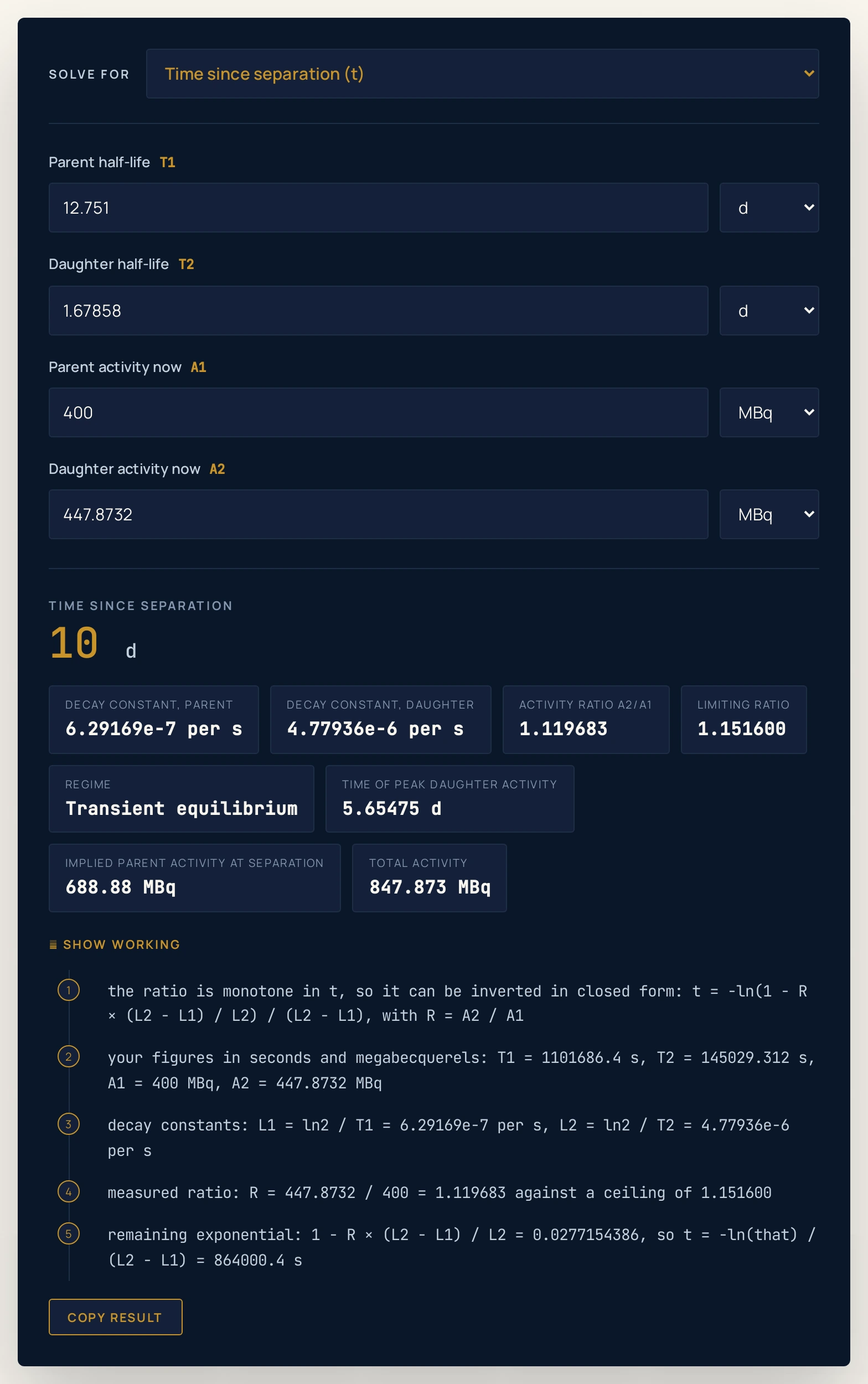 Decay chain calculator solving for the time since separation instead, so the time box is the hidden one: the same 12.751 d and 1.67858 d half-lives with a 400 MBq parent line and a 447.8732 MBq daughter line return 10 d, and the chips read decay constants of 6.29169e-7 per s and 4.77936e-6 per s, an activity ratio A2/A1 of 1.119683, a limiting ratio of 1.151600, the regime Transient equilibrium, a time of peak daughter activity of 5.65475 d, an implied parent activity at separation of 688.88 MBq and a total activity of 847.873 MBq.
