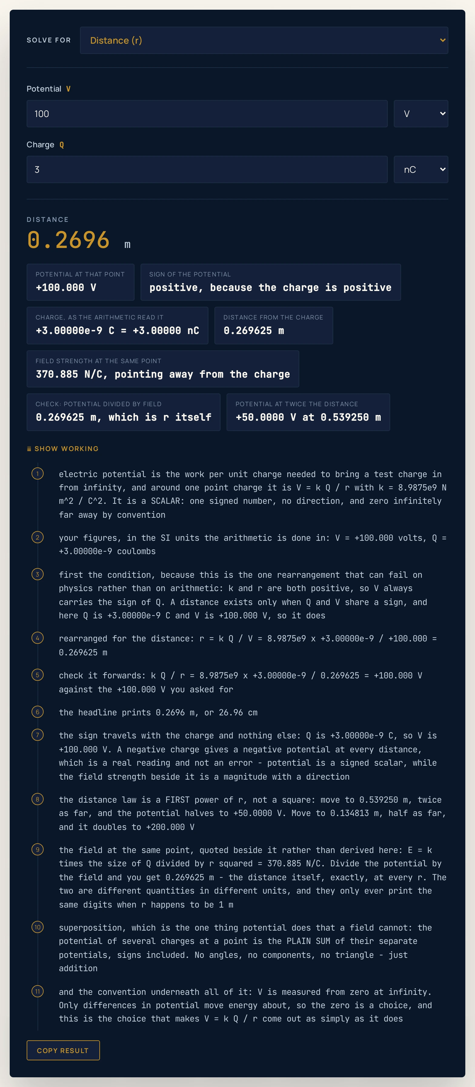 Electric potential calculator solving for the distance instead, so the distance box has gone from the form: 100 volts from a charge of 3 nanocoulombs returns a headline of 0.2696 metres, with chips reading a potential of plus 100.000 volts, a sign of positive because the charge is positive, a charge of plus 3.00000 nanocoulombs, a distance of 0.269625 metres, a field strength of 370.885 newtons per coulomb, a check of 0.269625 metres, and plus 50.0000 volts at 0.539250 metres.