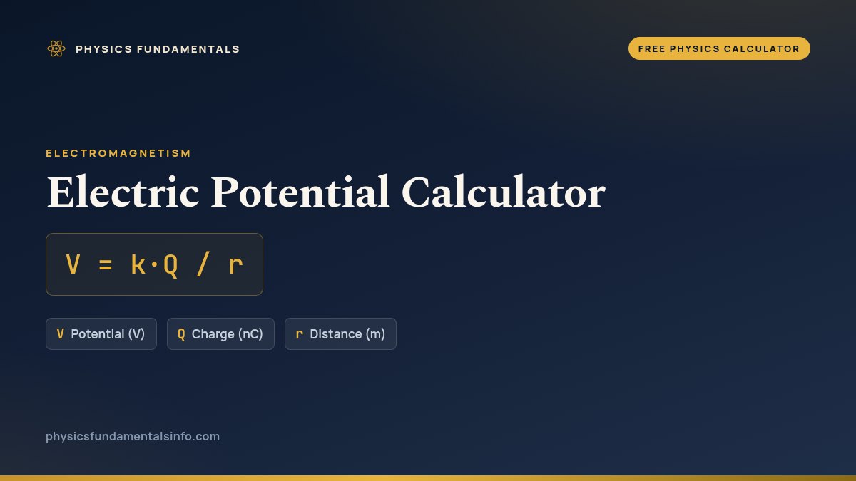 Electric Potential Calculator formula card: V = k·Q / r, with each variable, its symbol and its units
