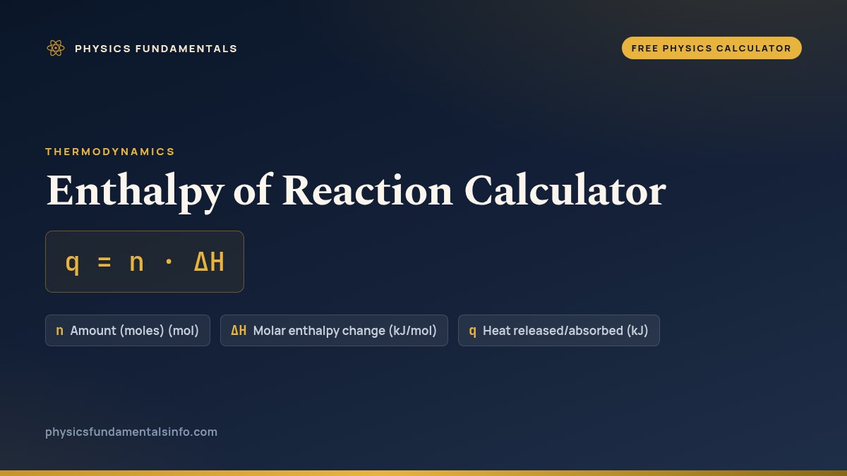 Enthalpy of Reaction Calculator formula card: q = n · ΔH, with each variable, its symbol and its units