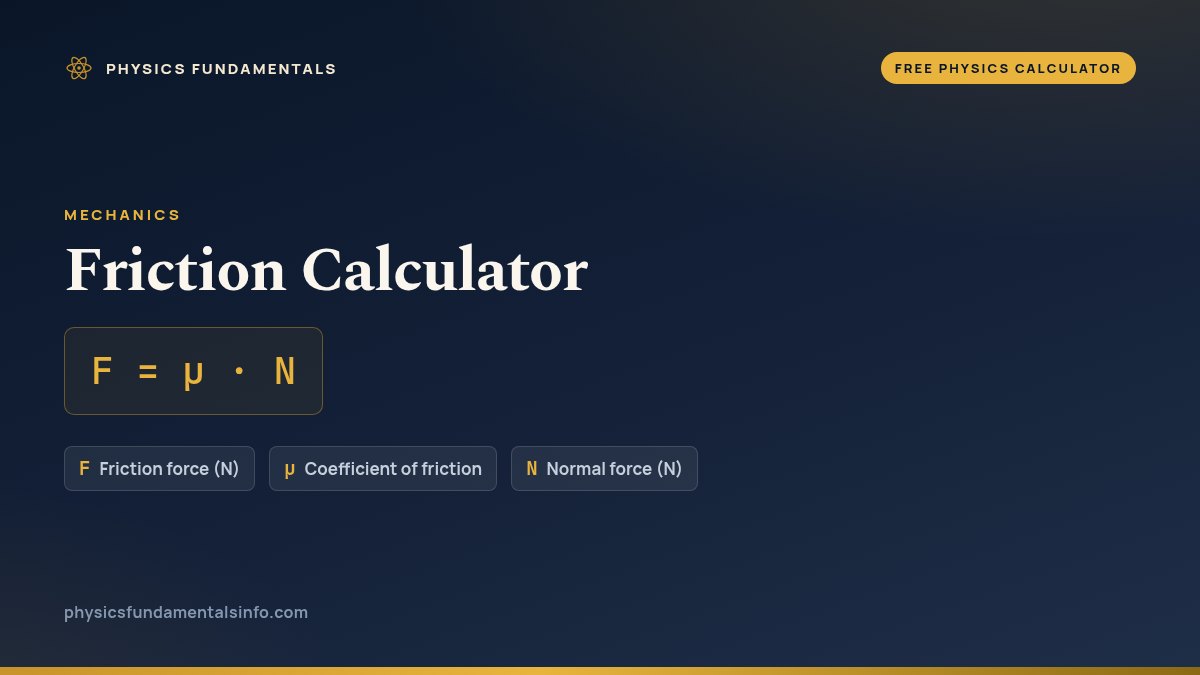 Friction Calculator formula card: F = μ · N, with each variable, its symbol and its units